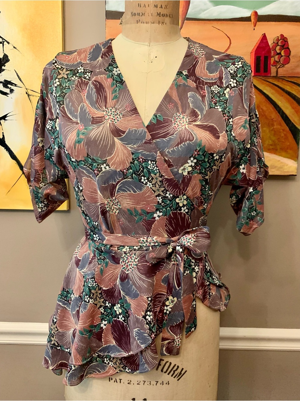 Vintage 70s 80s PBJ Jerell Floral Wrap Peplum Blouse Boho M